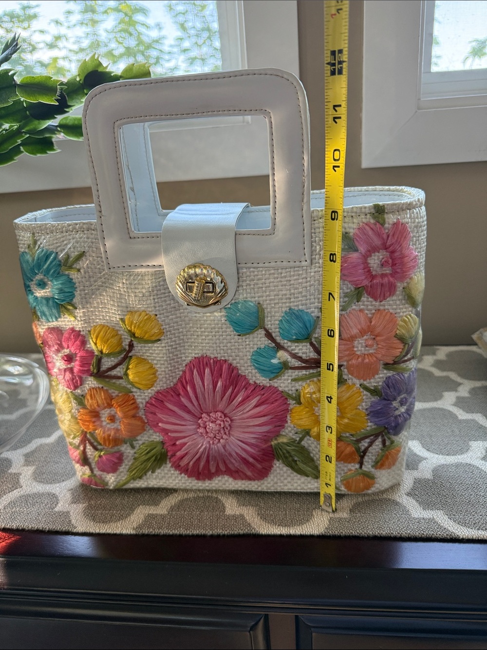 Vintage unused purse 1950’s 1960’s? White woven rafia, vinyl trim, floral - Picture 2 of 10